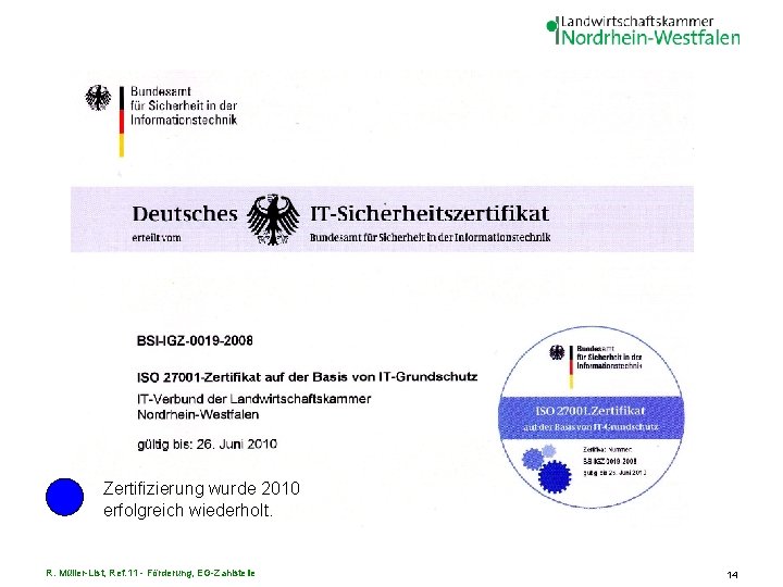 Zertifizierung wurde 2010 erfolgreich wiederholt. R. Müller-List, Ref. 11 - Förderung, EG-Zahlstelle 14 