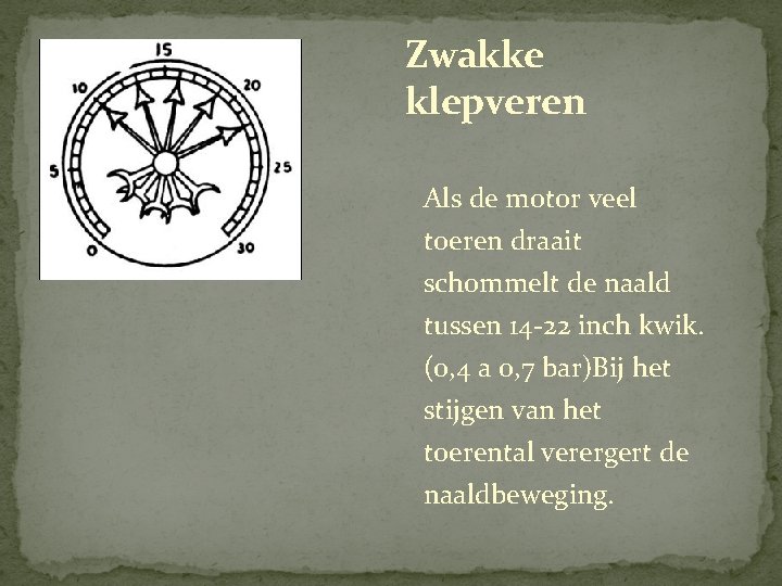 Zwakke klepveren Als de motor veel toeren draait schommelt de naald tussen 14 -22 Zwakke klepveren Als de motor veel toeren draait schommelt de naald tussen 14 -22