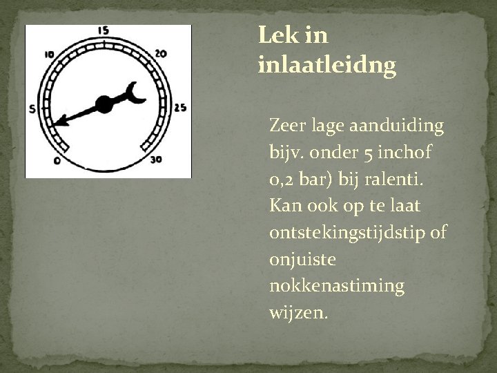 Lek in inlaatleidng Zeer lage aanduiding bijv. onder 5 inchof 0, 2 bar) bij Lek in inlaatleidng Zeer lage aanduiding bijv. onder 5 inchof 0, 2 bar) bij