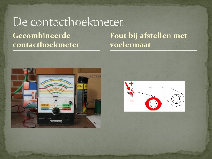De contacthoekmeter Gecombineerde contacthoekmeter Fout bij afstellen met voelermaat De contacthoekmeter Gecombineerde contacthoekmeter Fout bij afstellen met voelermaat