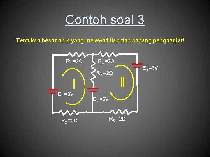 Contoh soal 3 Tentukan besar arus yang melewati tiap-tiap cabang penghantar! R 1 =2Ω