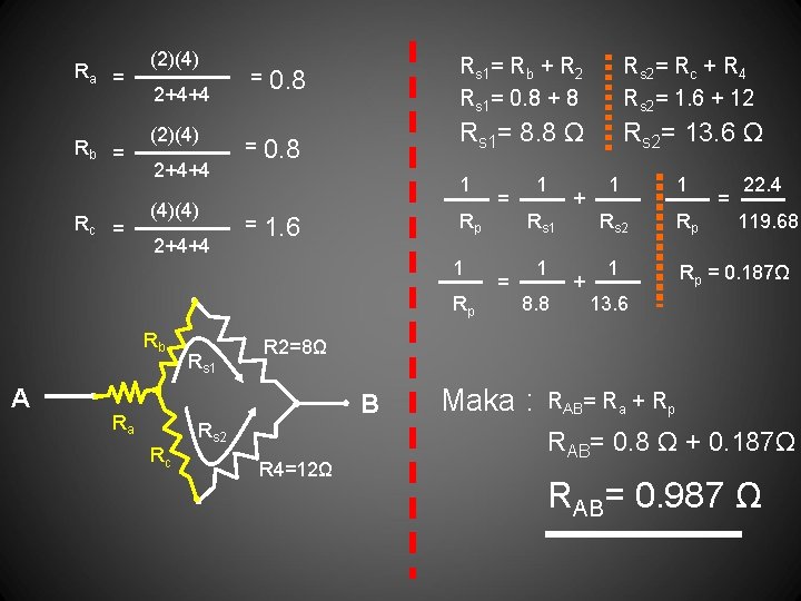 Ra = Rb = Rc = (2)(4) 2+4+4 (2)(4) = = 2+4+4 (4)(4) 2+4+4