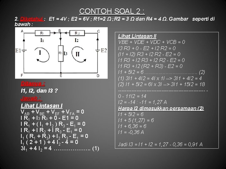 CONTOH SOAL 2 : 2. Diketahui : E 1 = 4 V ; E