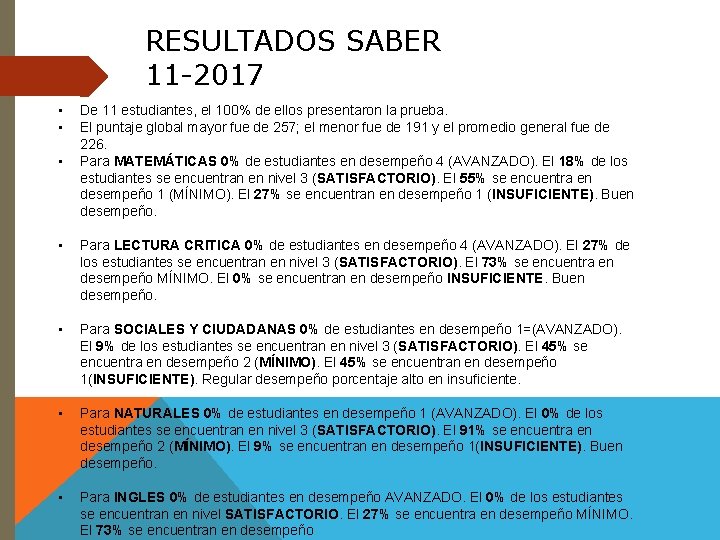 RESULTADOS SABER 11 -2017 • • • De 11 estudiantes, el 100% de ellos