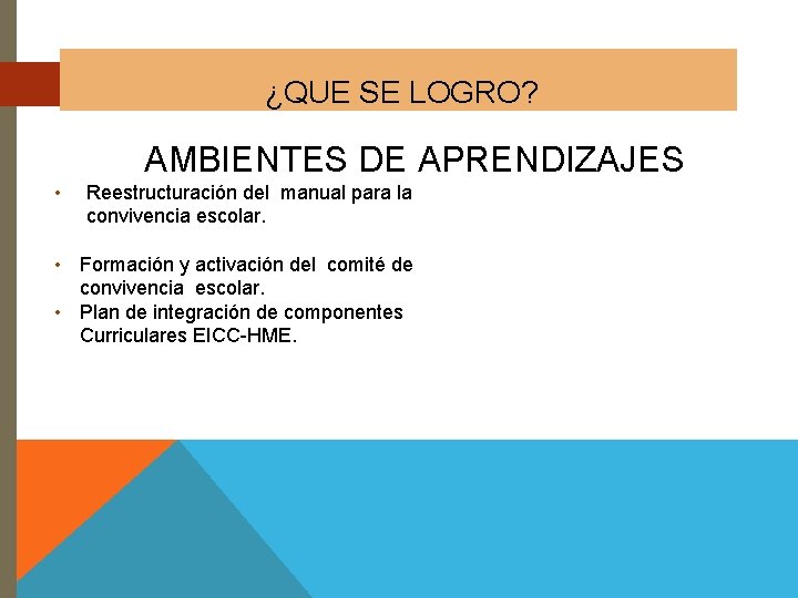 ¿QUE SE LOGRO? AMBIENTES DE APRENDIZAJES • Reestructuración del manual para la convivencia escolar.