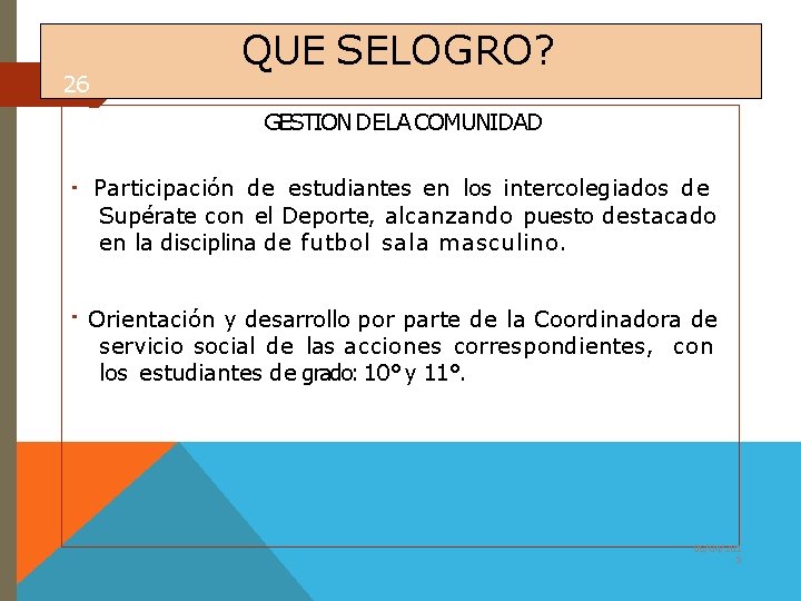 26 QUE SELOGRO? GESTION DELA COMUNIDAD Participación de estudiantes en los intercolegiados de Supérate