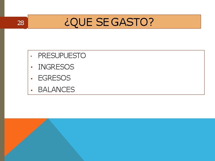 28 ¿QUE SE GASTO? PRESUPUESTO INGRESOS EGRESOS BALANCES 