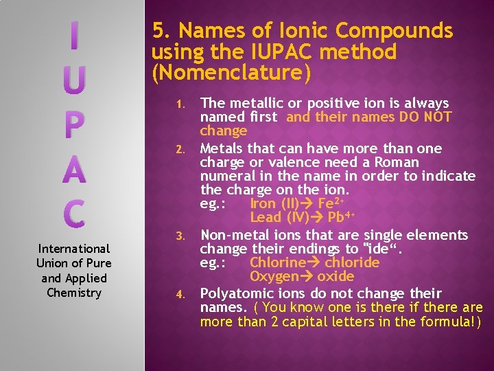 I U P A C International Union of Pure and Applied Chemistry 5. Names