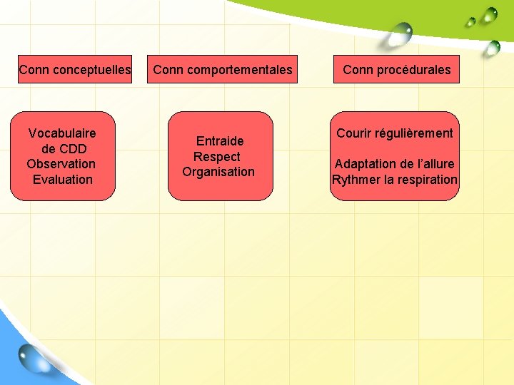 Conn conceptuelles Vocabulaire de CDD Observation Evaluation Conn comportementales Entraide Respect Organisation Conn procédurales