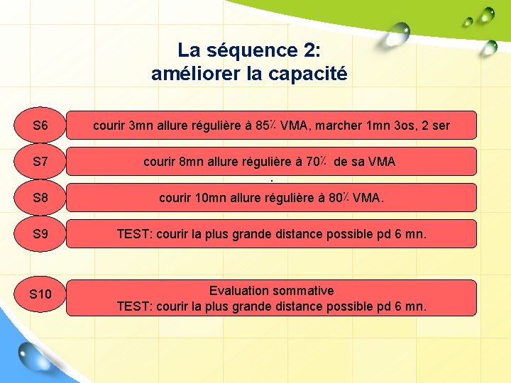 La séquence 2: améliorer la capacité S 6 courir 3 mn allure régulière à