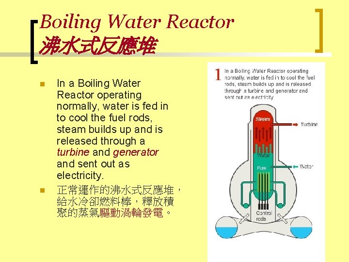 Boiling Water Reactor 沸水式反應堆 n n In a Boiling Water Reactor operating normally, water