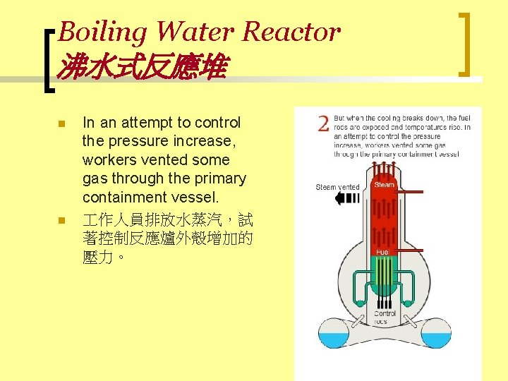 Boiling Water Reactor 沸水式反應堆 n n In an attempt to control the pressure increase,