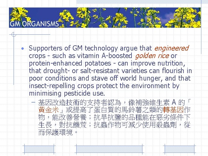  • Supporters of GM technology argue that engineered crops - such as vitamin