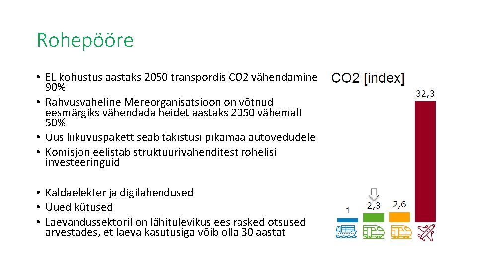 Rohepööre • EL kohustus aastaks 2050 transpordis CO 2 vähendamine 90% • Rahvusvaheline Mereorganisatsioon