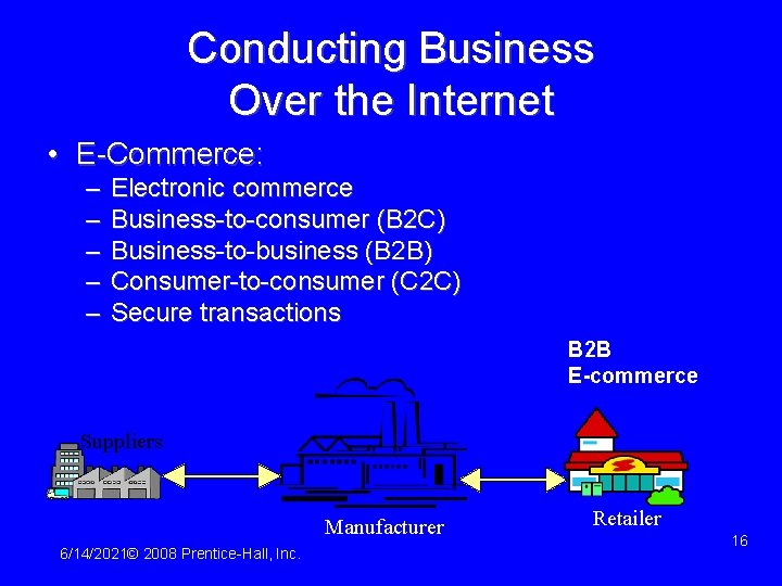 Conducting Business Over the Internet • E-Commerce: – – – Electronic commerce Business-to-consumer (B