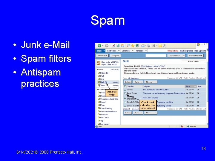 Spam • • • Junk e-Mail Spam filters Antispam practices 6/14/2021© 2008 Prentice-Hall, Inc.