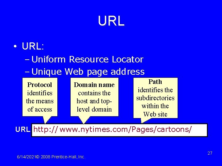 URL • URL: – Uniform Resource Locator – Unique Web page address Protocol identifies