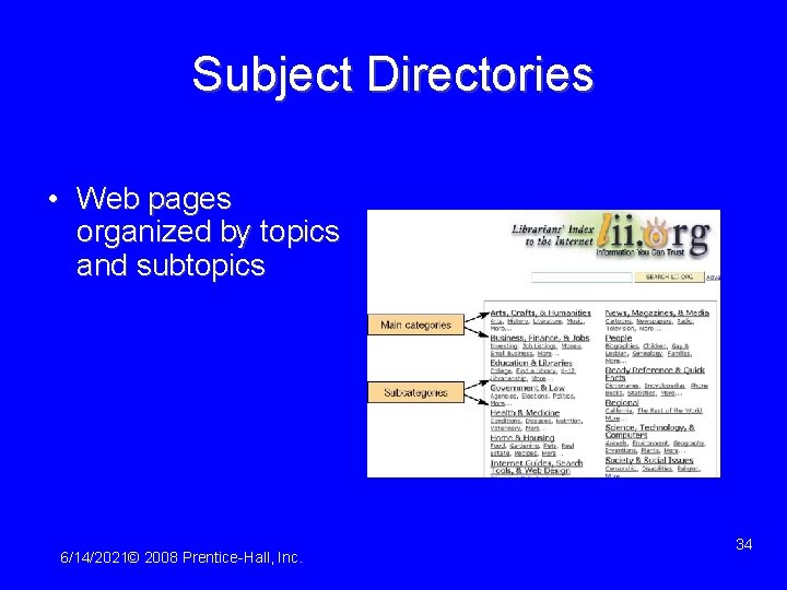 Subject Directories • Web pages organized by topics and subtopics 6/14/2021© 2008 Prentice-Hall, Inc.