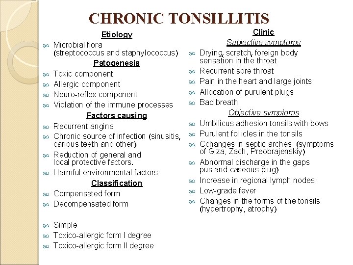 CHRONIC TONSILLITIS Etiology Microbial flora (streptococcus and staphylococcus) Patogenesis Toxic component Allergic component Neuro-reflex