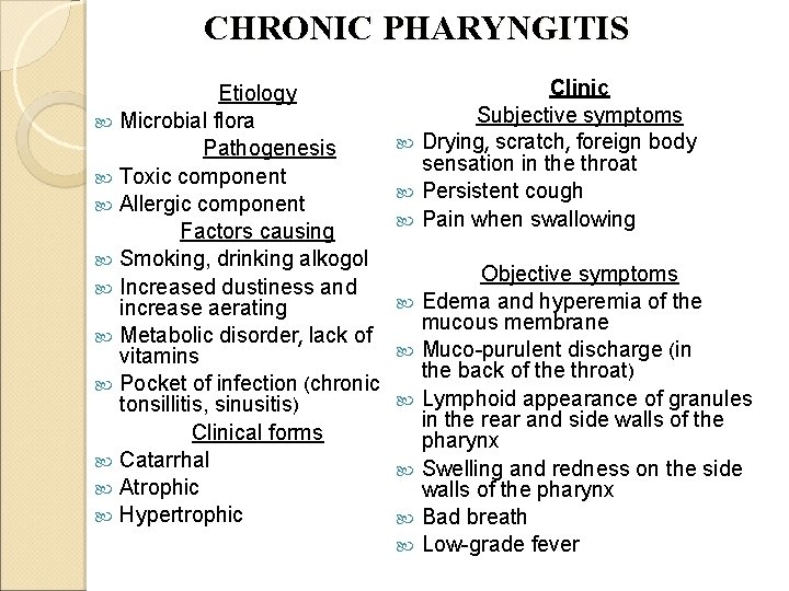 CHRONIC PHARYNGITIS Etiology Microbial flora Pathogenesis Toxic component Allergic component Factors causing Smoking, drinking