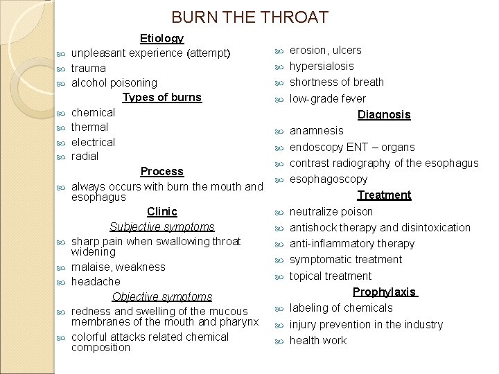 BURN THE THROAT Etiology unpleasant experience (attempt) trauma alcohol poisoning Types of burns chemical