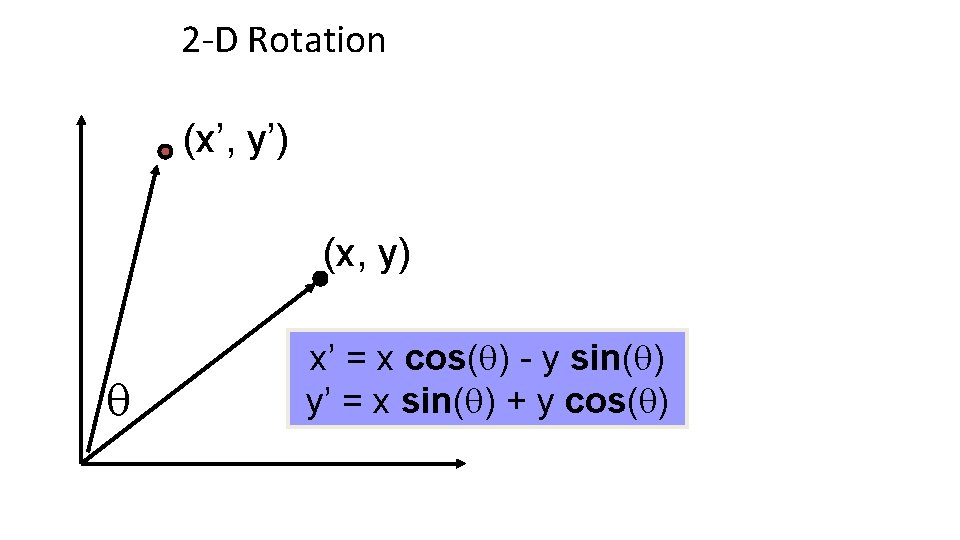 2 -D Rotation (x’, y’) (x, y) x’ = x cos( ) - y