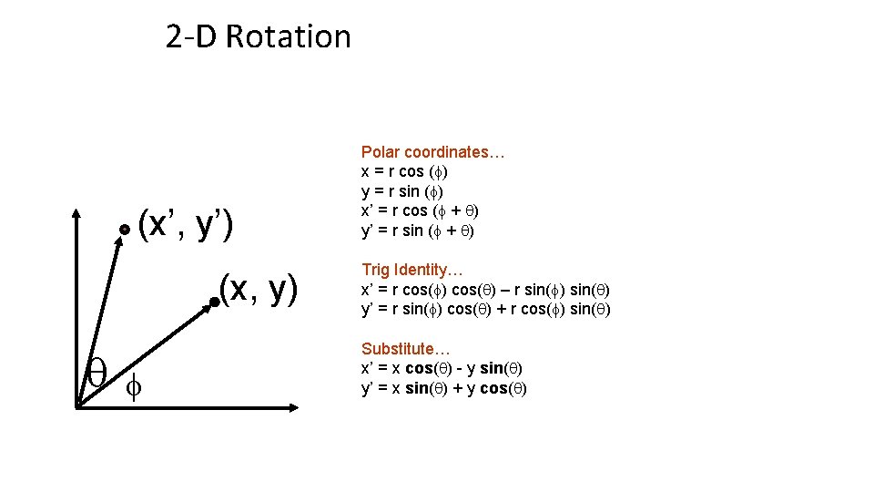 2 -D Rotation (x’, y’) (x, y) f Polar coordinates… x = r cos