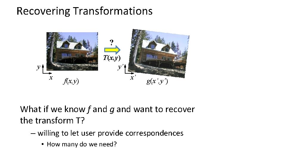 Recovering Transformations ? T(x, y) y’ y x f(x, y) x’ g(x’, y’) What