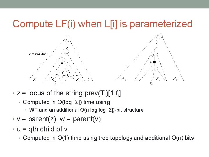 Compute LF(i) when L[i] is parameterized • z = locus of the string prev(Ti)[1,