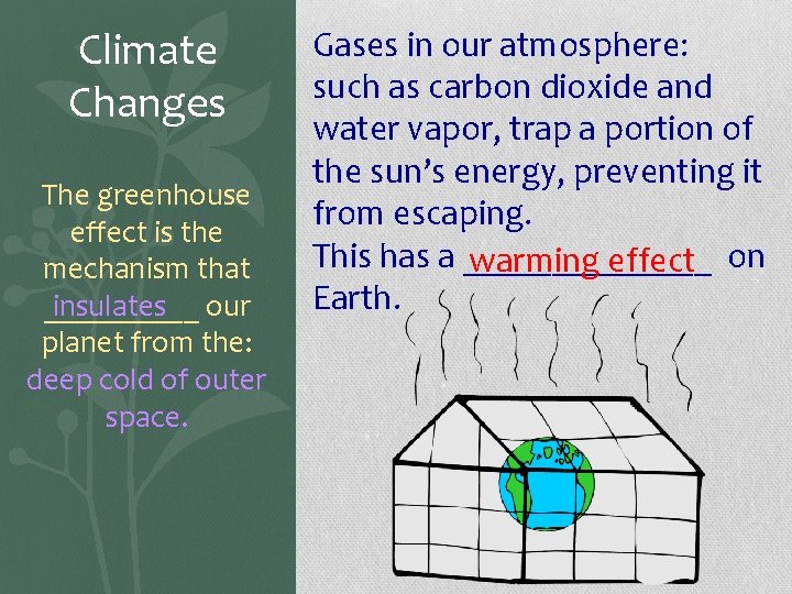 Climate Changes The greenhouse effect is the mechanism that _____ insulates our planet from
