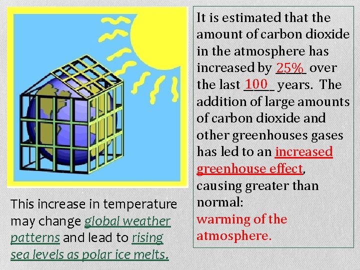 This increase in temperature may change global weather patterns and lead to rising sea