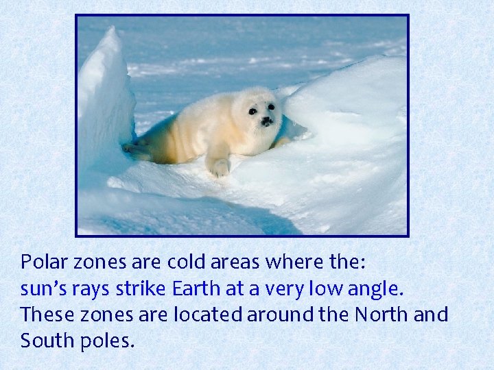 Polar zones are cold areas where the: sun’s rays strike Earth at a very