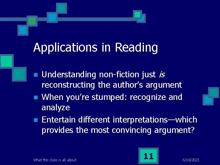 Applications in Reading n n n Understanding non-fiction just is reconstructing the author’s argument