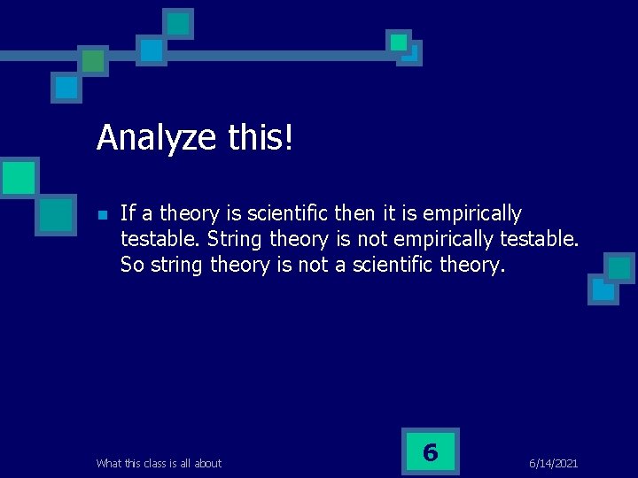 Analyze this! n If a theory is scientific then it is empirically testable. String