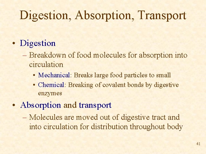 Digestion, Absorption, Transport • Digestion – Breakdown of food molecules for absorption into circulation