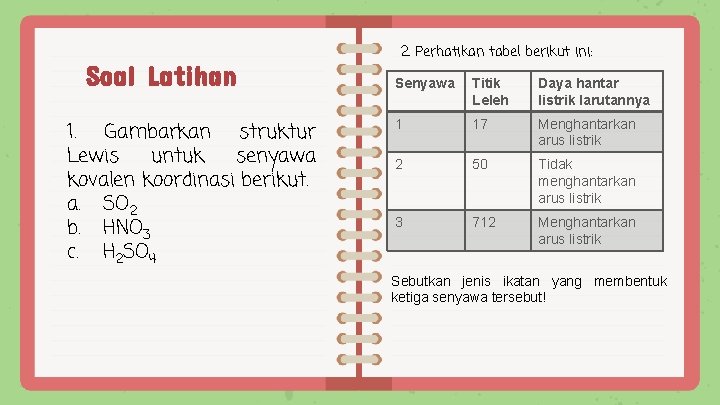 2. Perhatikan tabel berikut ini: Soal Latihan 1. Gambarkan struktur Lewis untuk senyawa kovalen