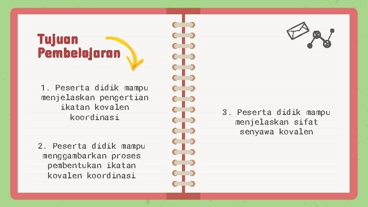 Tujuan Pembelajaran 1. Peserta didik mampu menjelaskan pengertian ikatan kovalen koordinasi 2. Peserta didik