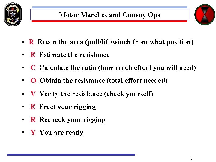 Motor Marches and Convoy Ops • R Recon the area (pull/lift/winch from what position)