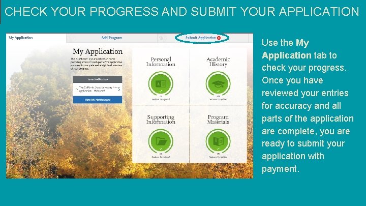 CHECK YOUR PROGRESS AND SUBMIT YOUR APPLICATION Use the My Application tab to check