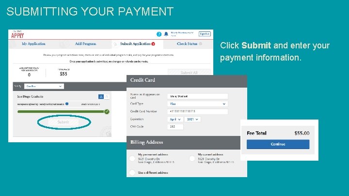 SUBMITTING YOUR PAYMENT Click Submit and enter your payment information. Mary Student 