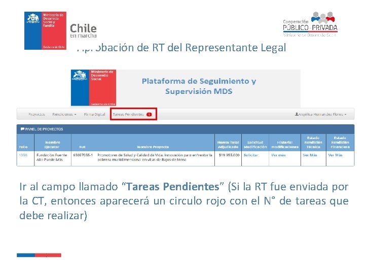 Aprobación de RT del Representante Legal Ir al campo llamado “Tareas Pendientes” (Si la