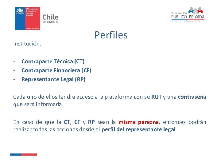 Institución: - Perfiles Contraparte Técnica (CT) Contraparte Financiera (CF) Representante Legal (RP) Cada uno