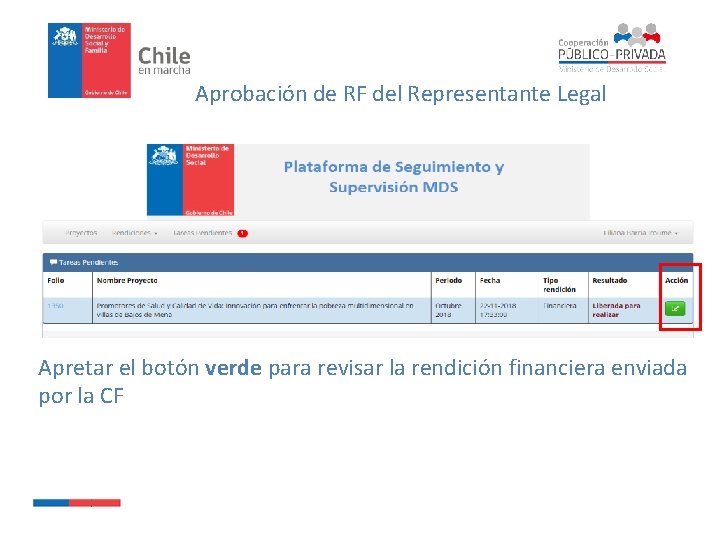 Aprobación de RF del Representante Legal Apretar el botón verde para revisar la rendición