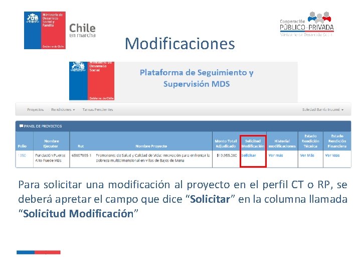 Modificaciones Para solicitar una modificación al proyecto en el perfil CT o RP, se