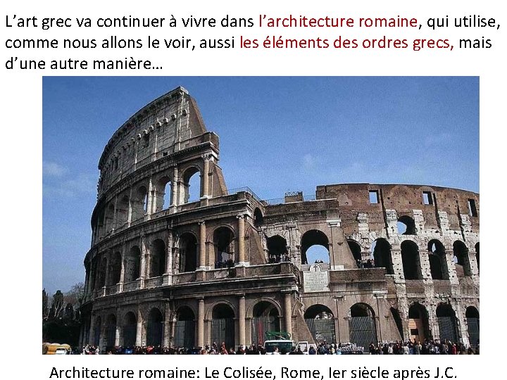 L’art grec va continuer à vivre dans l’architecture romaine, qui utilise, comme nous allons