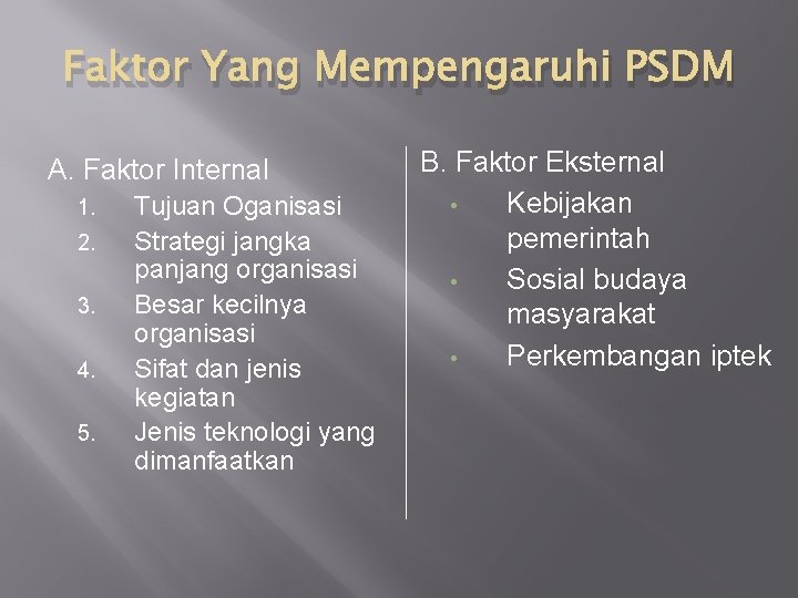 Faktor Yang Mempengaruhi PSDM A. Faktor Internal 1. 2. 3. 4. 5. Tujuan Oganisasi