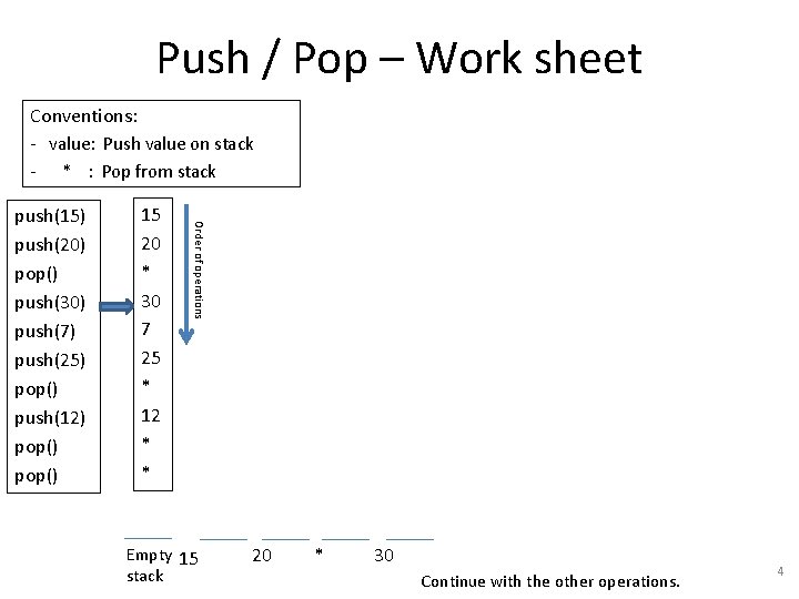 Push / Pop – Work sheet Conventions: - value: Push value on stack -