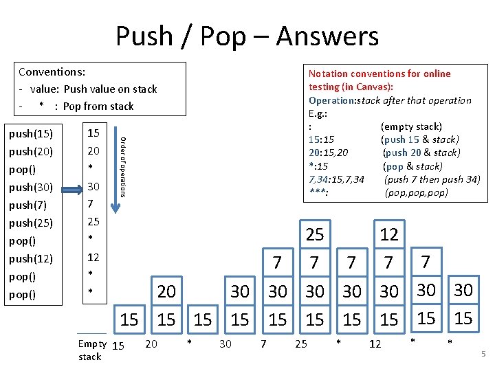 Push / Pop – Answers Conventions: Notation conventions for online testing (in Canvas): Operation: