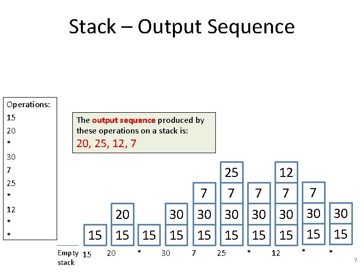Stack – Output Sequence Operations: 15 20 * 30 7 25 * 12 *