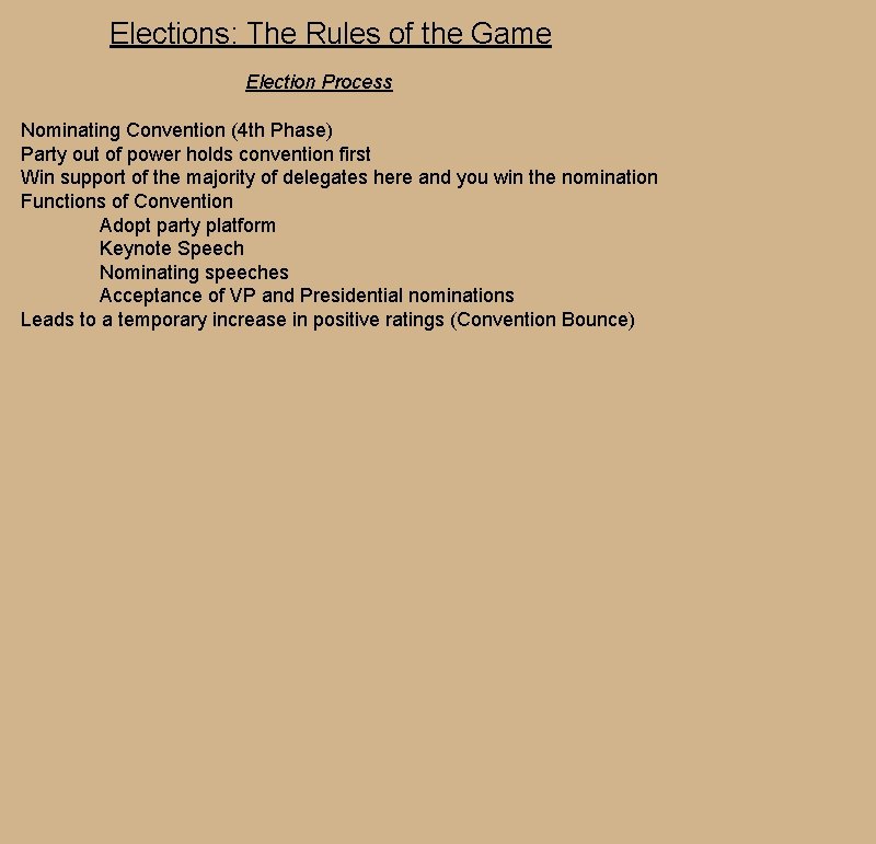 Elections: The Rules of the Game Election Process Nominating Convention (4 th Phase) Party